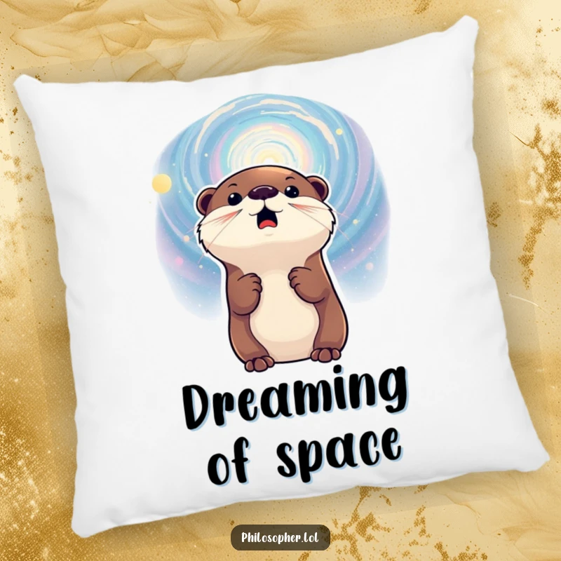 Funny pillow showcasing an excited otter gazing at a galaxy, offering cozy comfort and a touch of cosmic wonder.