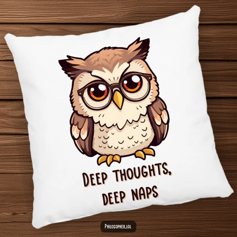 Funny owl pillow, curious owl wearing tiny spectacles deep in thought, decorative cushion, wise animal design.