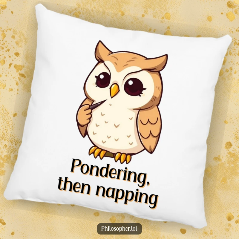 Funny Owl Pillow: An owl strokes its chin thoughtfully. This soft, humorous pillow is perfect for cozy contemplation, a funny gift.
