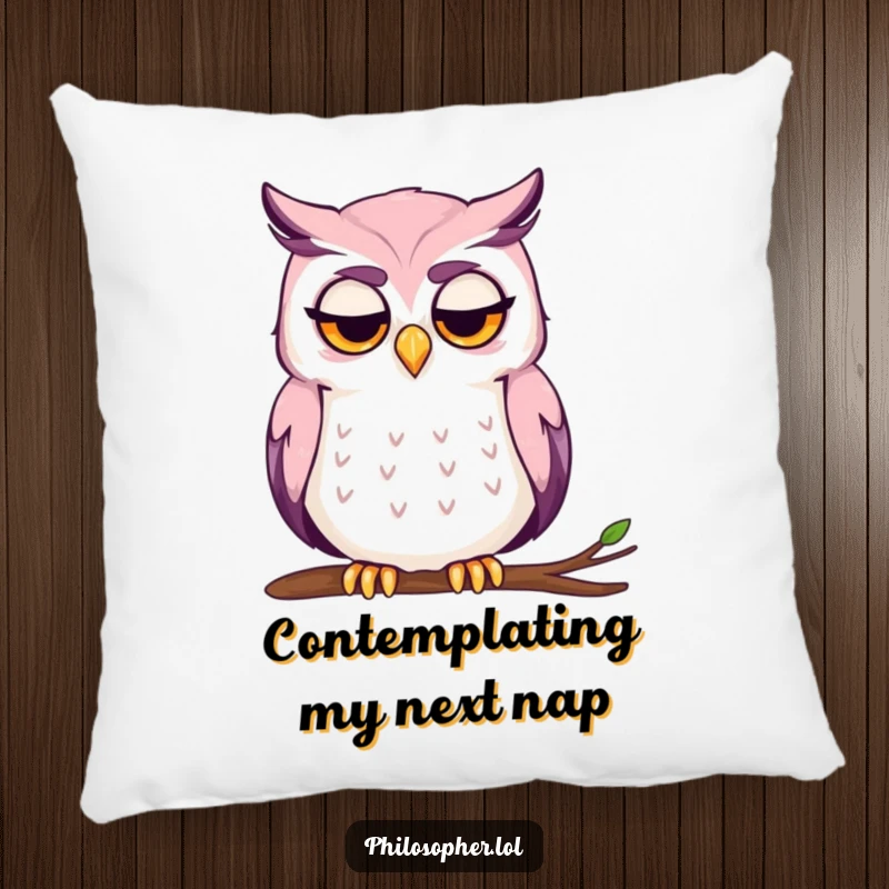 Funny pillow with a contemplative owl stroking its chin, brow furrowed in thought.