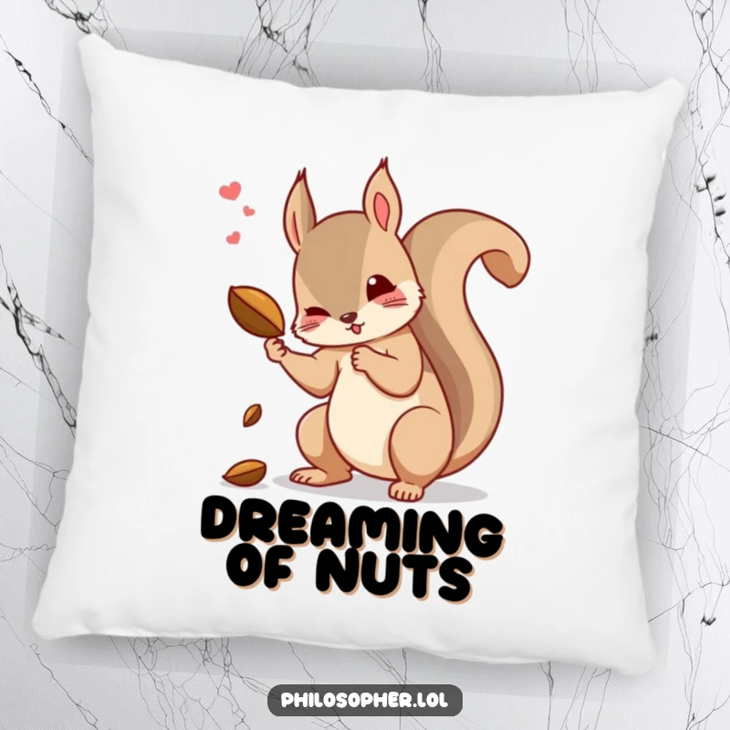 Funny squirrel pillow featuring a dramatic squirrel contemplating the reasons behind dropping a nut.