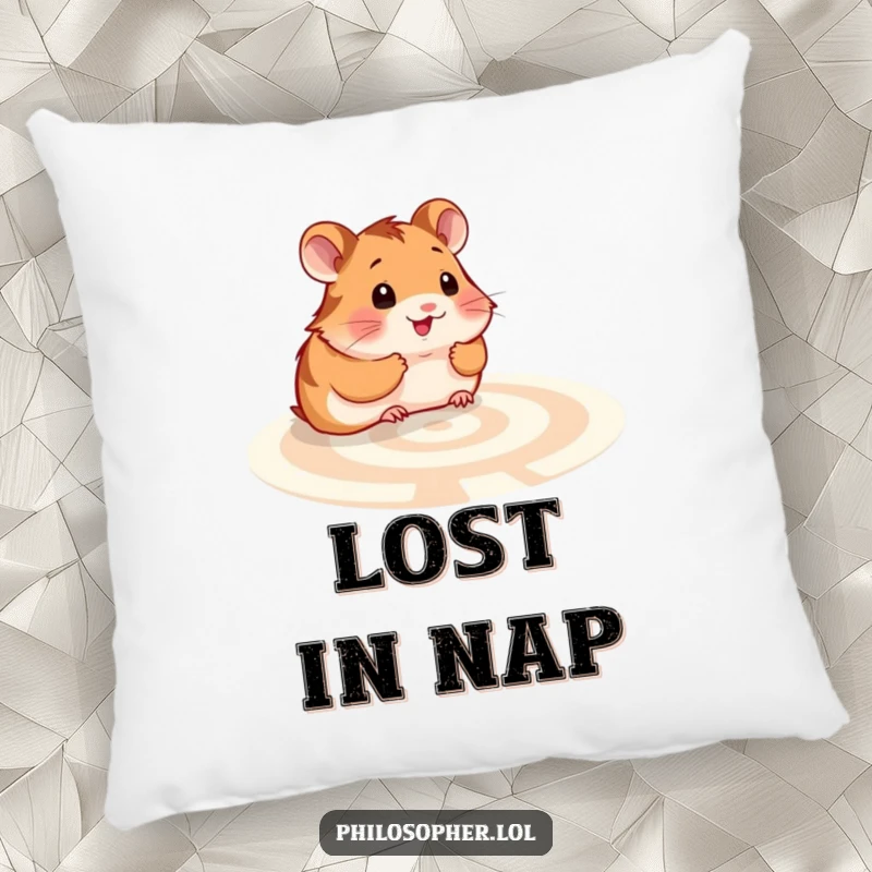 Funny hamster labyrinth pillow: a soft cushion with a smiling hamster pondering a maze, adding humor to relaxation.