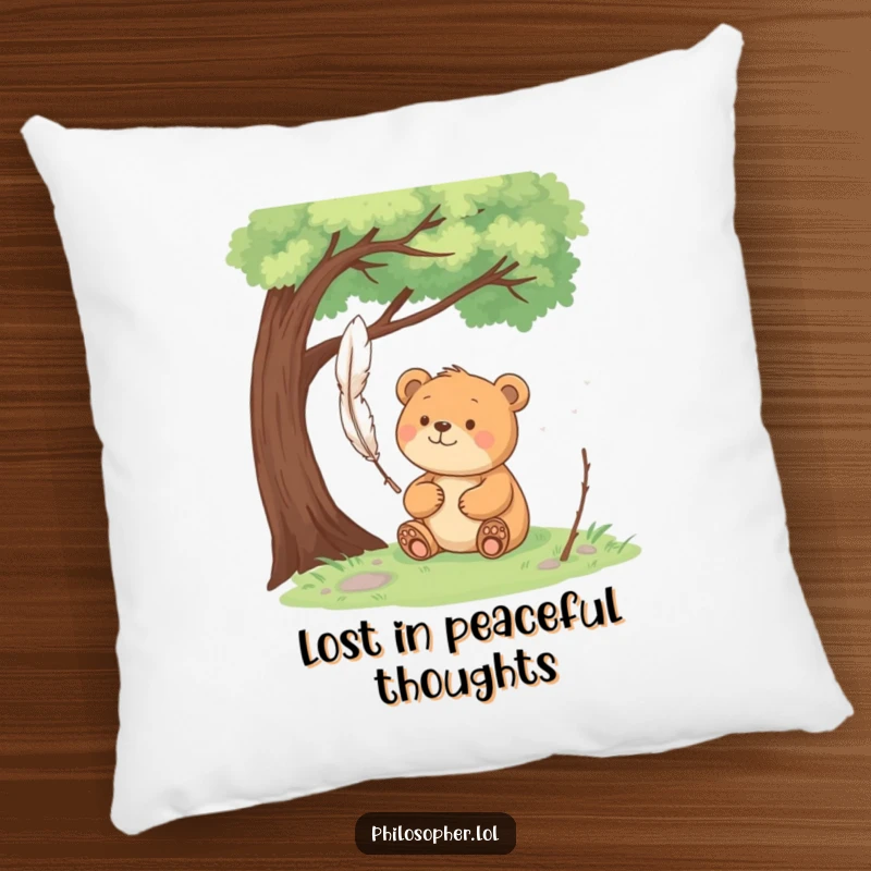 Funny happy bear sits under a tree, pondering a floating feather on a soft pillow, bringing peaceful contemplation.