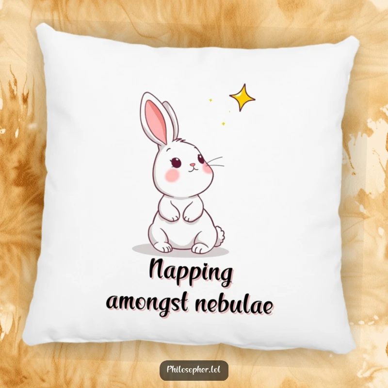 Funny rabbit pillow with a cute bunny gazing at stars, providing soft, humorous comfort for dreamers.