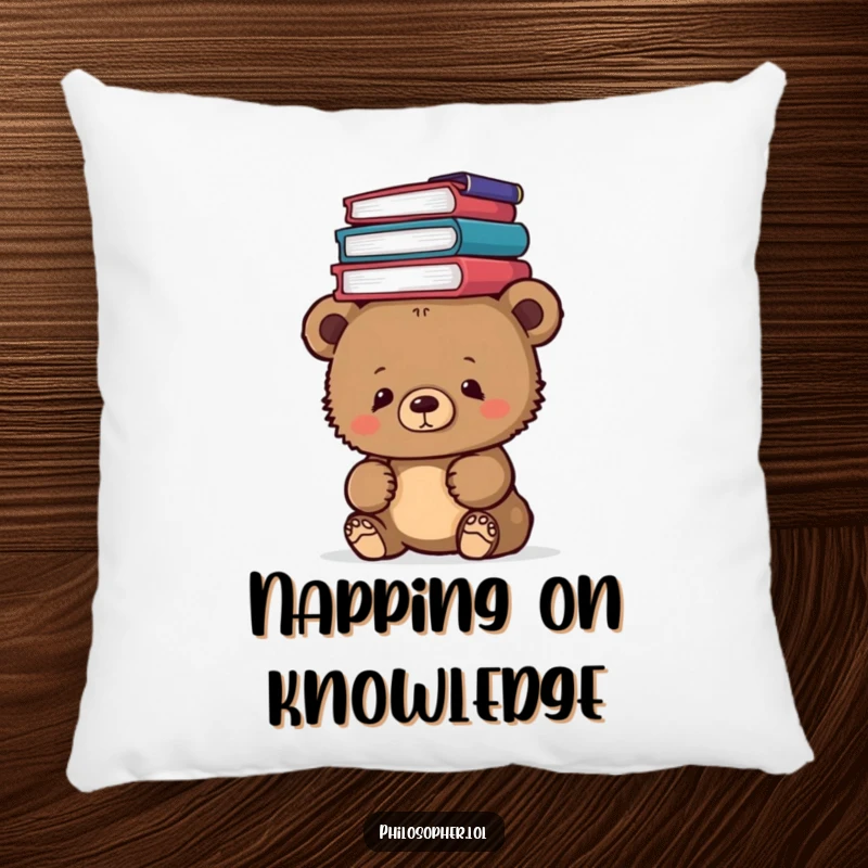 Funny bear cub with philosophy books on its head, a comfortable pillow design, plush and decorative with a humorous touch.