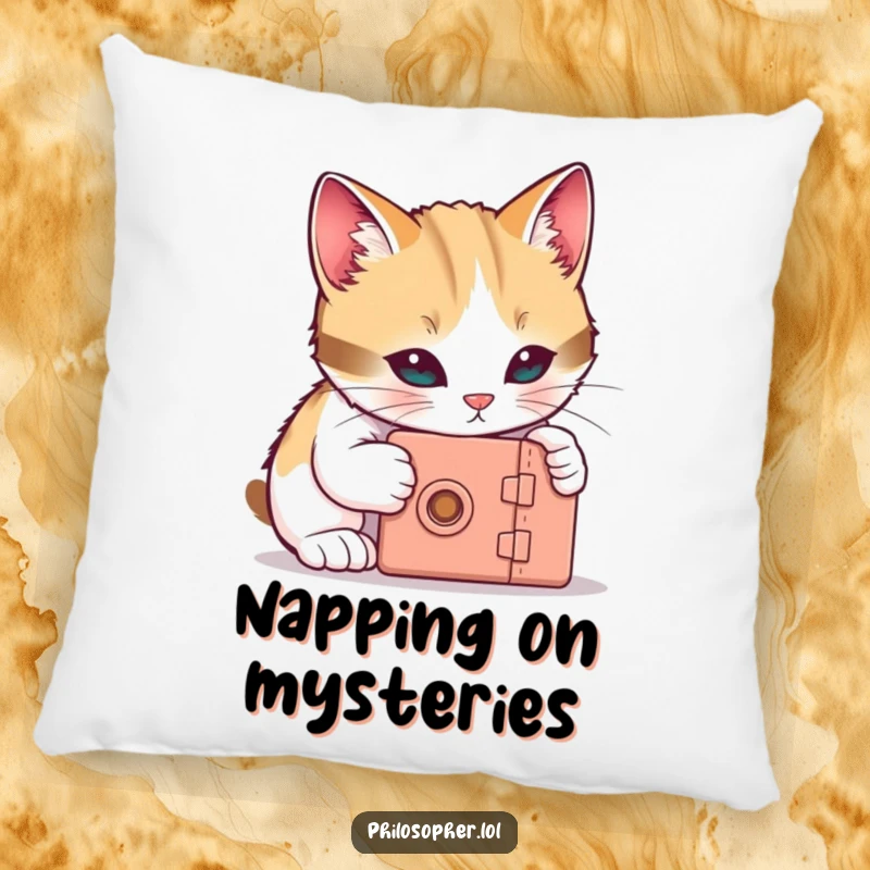 Funny cat pillow featuring a curious cat trying to unlock a tiny box, offering soft, humorous comfort.