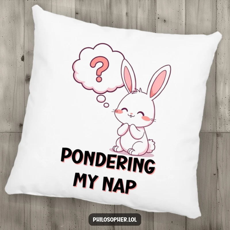 Funny bunny question mark pillow featuring a cheerful rabbit looking thoughtfully at a large question mark in a thought bubble.