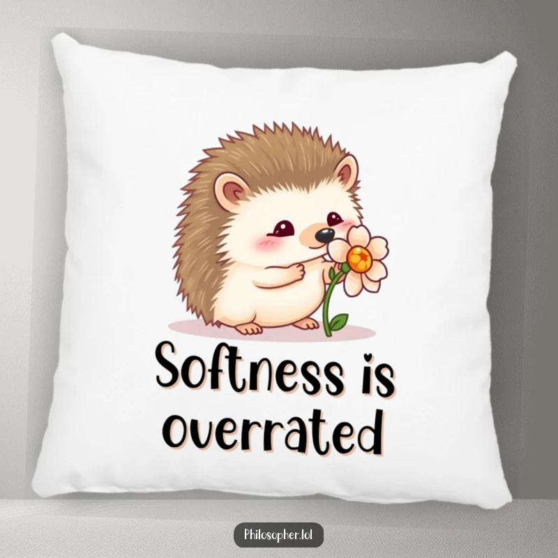 Funny wobbly hedgehog pillow: a soft cushion with a hedgehog wobbling near a flower, symbolizing gentle appreciation and comfort.