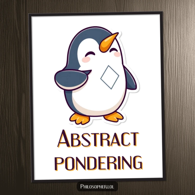 Funny Penguin Geometry Digital Art Print of a curious penguin pointing at complex geometric forms, ready to download and display.