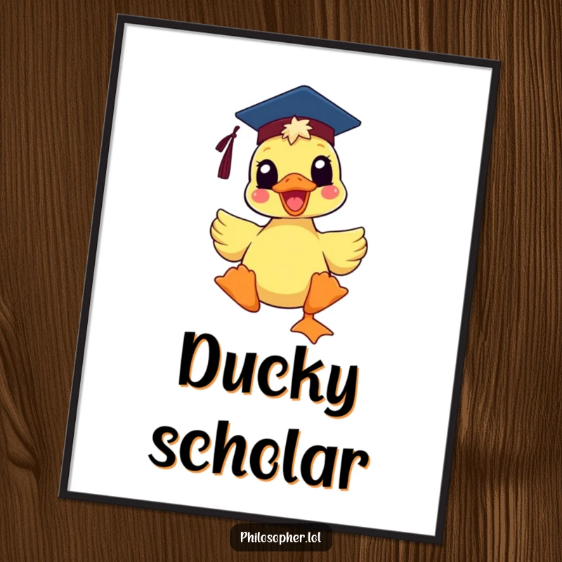 Funny delighted duck wearing a mortarboard hat, as a printable digital art, full of whimsical cheer and celebratory humor.