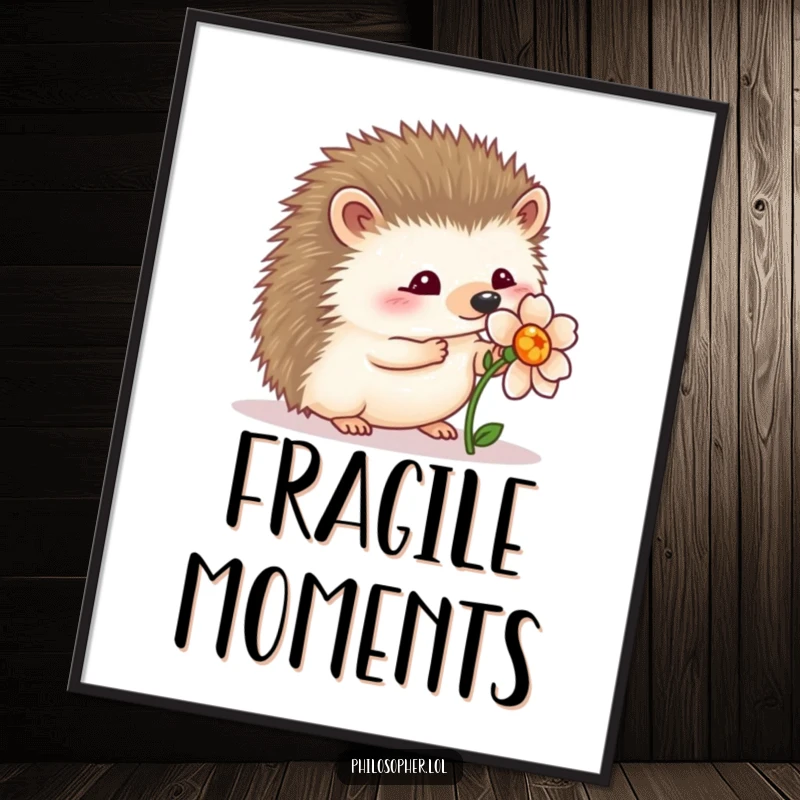 Funny wobbly hedgehog digital art print: a hedgehog wobbling and admiring a flower, symbolizing gentleness and beauty.