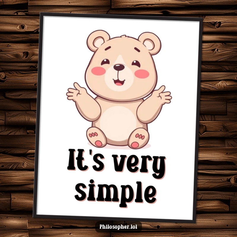 Funny bear digital art print of a smiling bear using gestures to explain a concept, bringing cheerful humor to your decor.