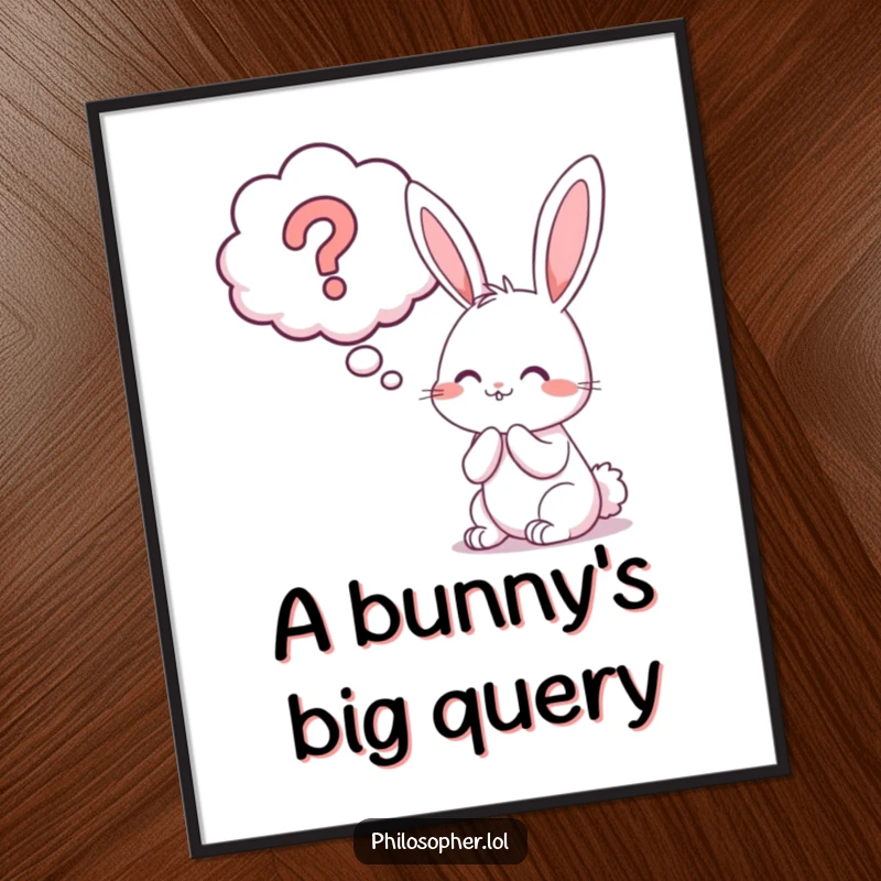 Funny bunny question mark digital art print of a cheerful rabbit pondering a giant thought bubble with a question mark.
