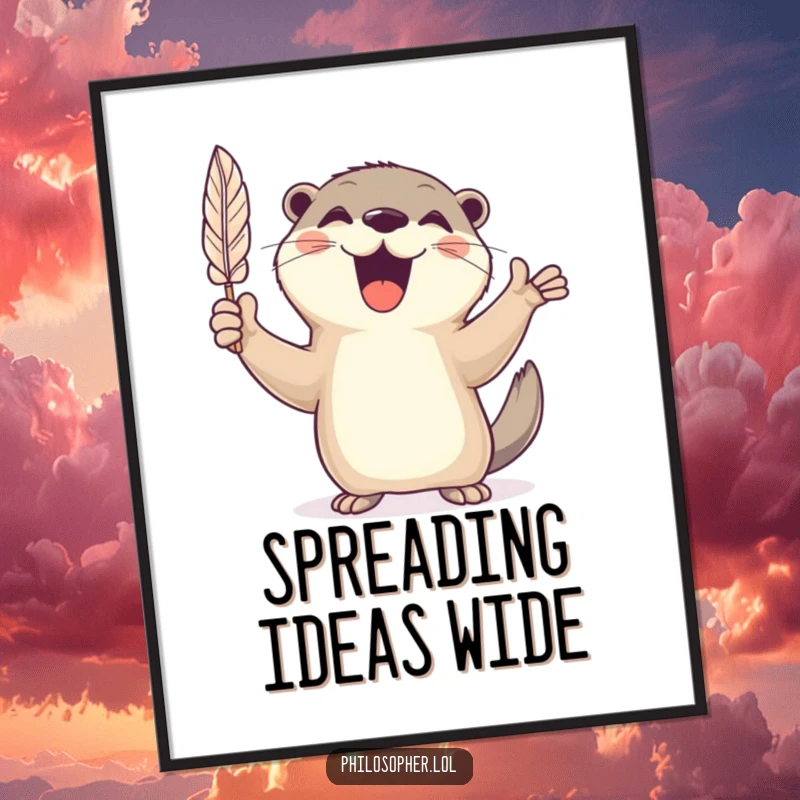 Funny digital art print of a cheerful otter gesturing wildly with a feather quill, symbolizing creativity, instant download.