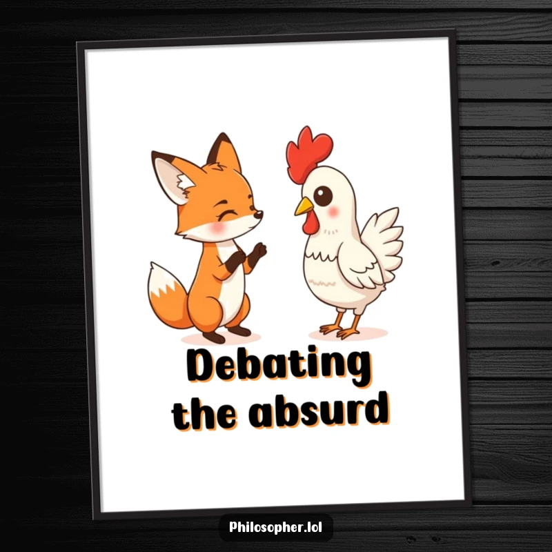 Funny digital art print of a fox humorously debating a rubber chicken, perfect for adding a splash of absurd and playful art to any room.