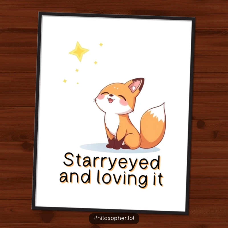 Funny digital art print of a joyful fox gazing at a distant, twinkling star.
