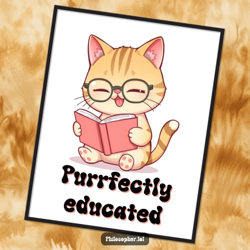 Funny giggling cat spectacles digital art print of a cat with glasses intensely reading a tiny book and giggling.