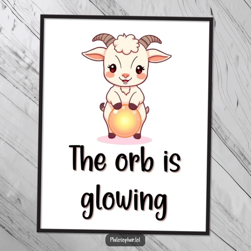 Funny digital art of a bouncy goat balancing a small, glowing orb, representing magic, skill, and enchantment.