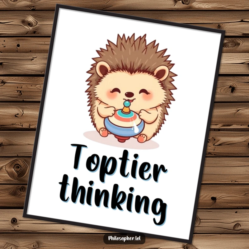 Funny hedgehog digital art print of a happy hedgehog contemplating a spinning top, a whimsical and humorous download.
