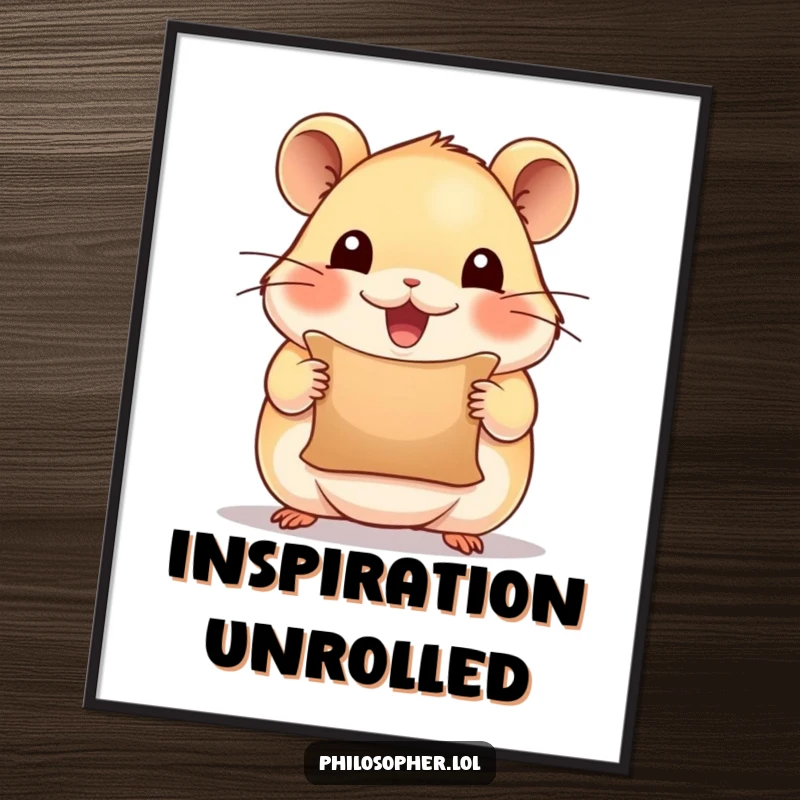 Funny digital art print of a beaming hamster holding a tiny scroll, looking inspired, bringing motivational and humorous charm.