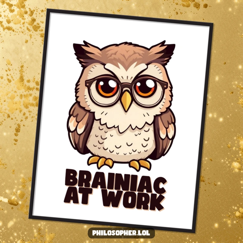 Funny owl digital art print, curious owl wearing tiny spectacles deep in thought, intellectual illustration, instant download.