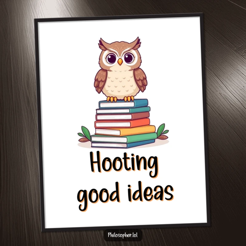 Funny owl digital art print of a proud owl on books, bringing intellectual charm and humor to your decor.