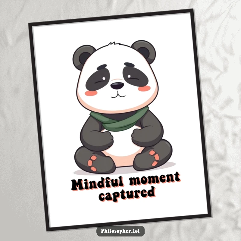Funny digital art print of a brave panda meditating with a serene expression, conveying peacefulness and humor for decor.