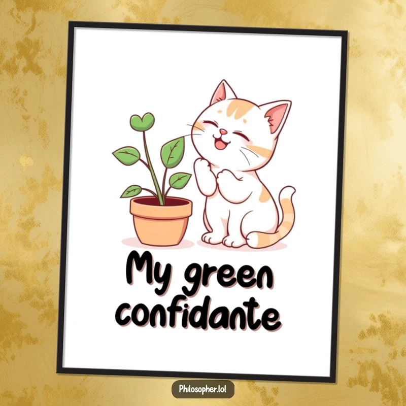 Funny Digital Art Print: Giggling cat whispering secrets to a potted plant, high-resolution humorous artwork for instant funny decor.