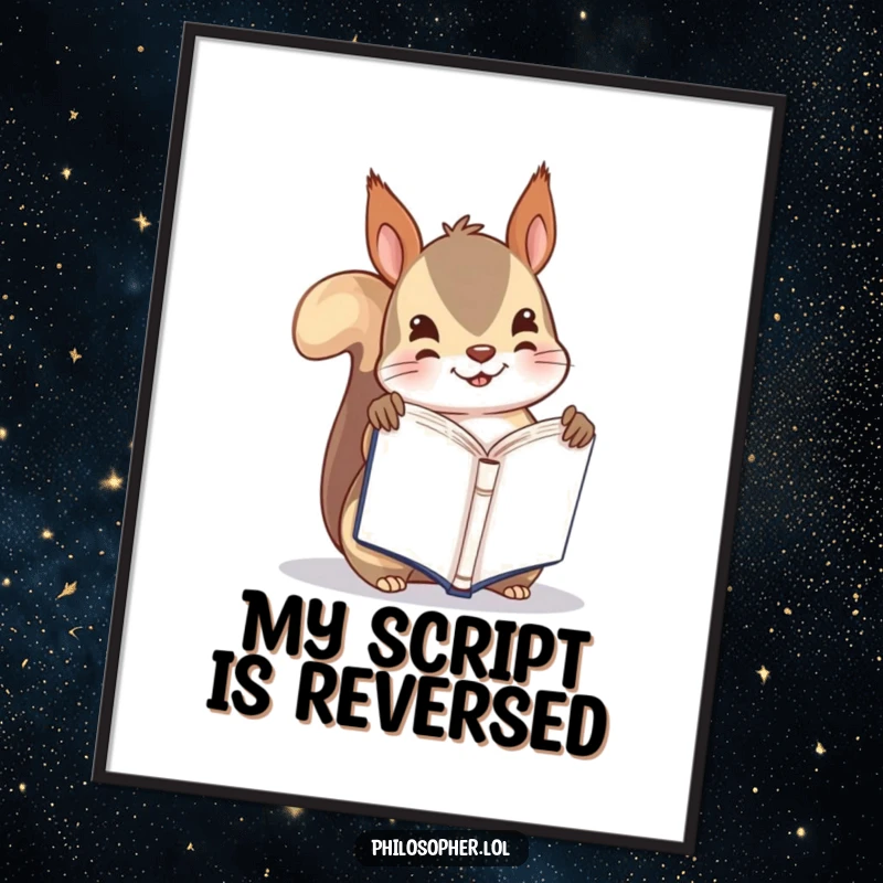 Funny digital art print of a playful squirrel holding a tiny book upside down, ideal for printable wall decor.