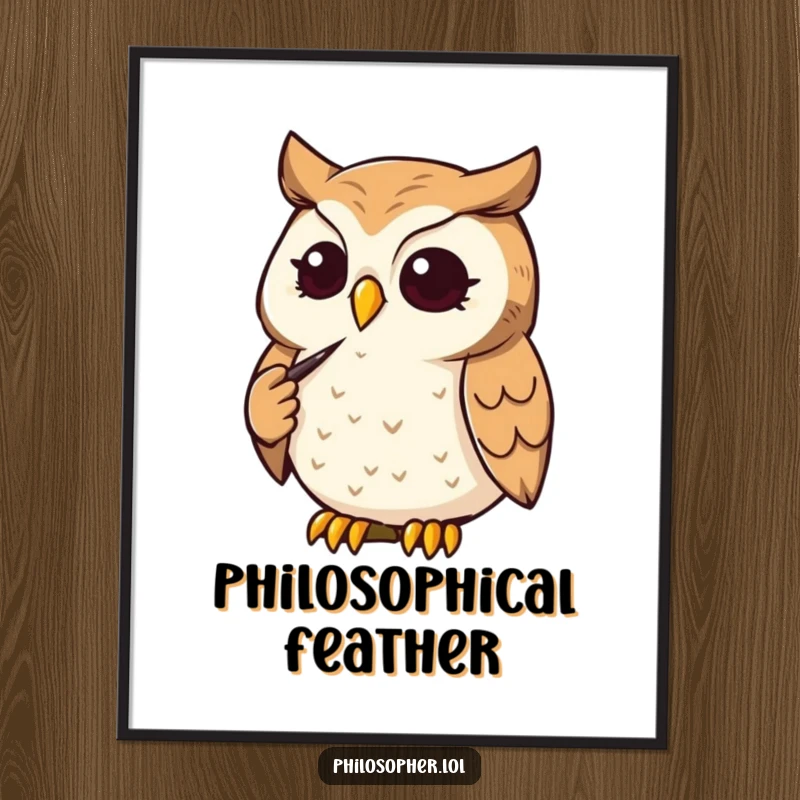 Funny Owl Digital Art: An owl strokes its chin thoughtfully, pondering. This humorous printable wall art adds wisdom, a funny gift.