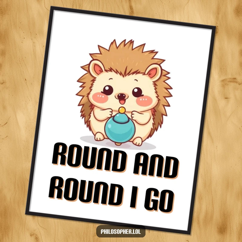 Funny hedgehog digital art print of a happy hedgehog mesmerized by a spinning top, bringing playful contemplation to your decor.