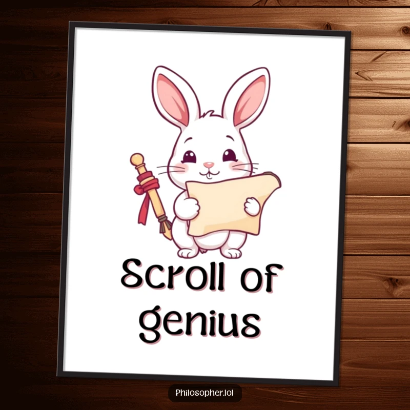 Funny Rabbit Digital Art: A playful rabbit holds a scroll, looking inspired. This humorous printable wall art brings creativity, a funny gift.
