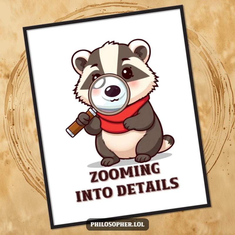 Funny digital art print of a badger holding a magnifying glass, humorously investigating, perfect for adding a witty and intellectual touch to any room.
