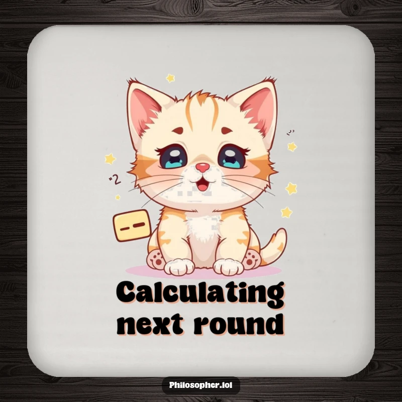 Funny kitten math equation coaster, a happy kitten with starry eyes pondering a floating mathematical equation.