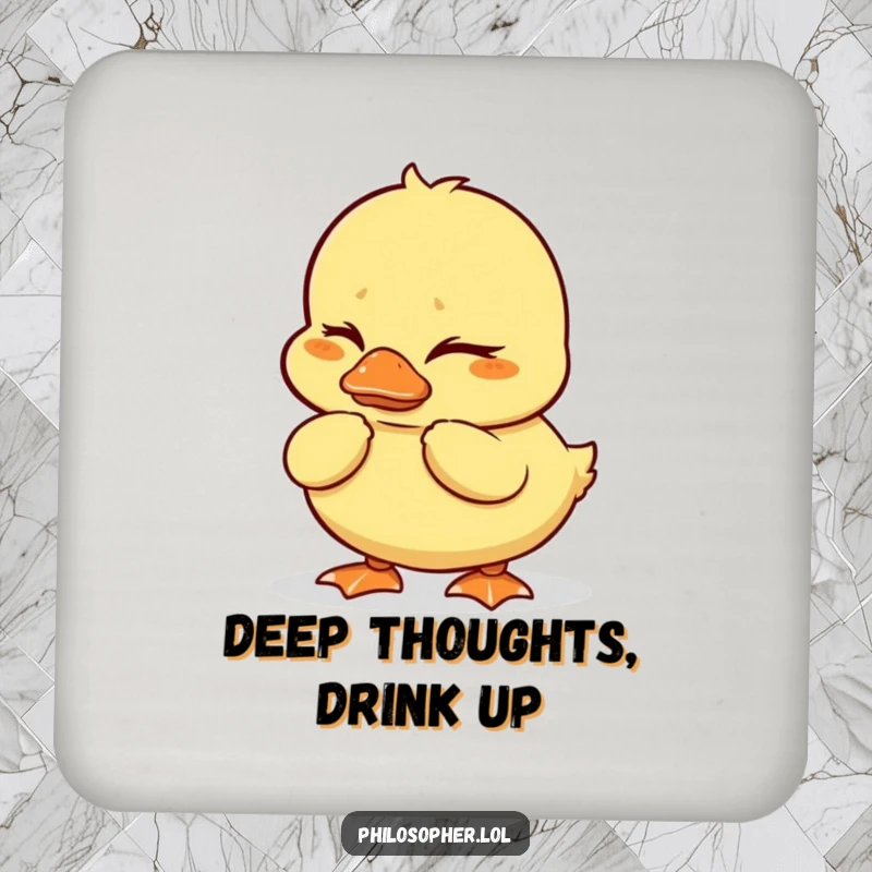 Funny duckling coasters featuring a wobbly duckling deep in thought, protecting surfaces with humorous contemplation.