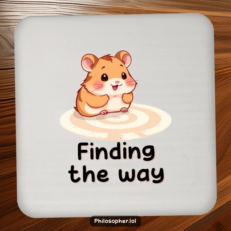 Funny hamster labyrinth coaster: a protective coaster with a smiling hamster contemplating a maze, for drink placement.