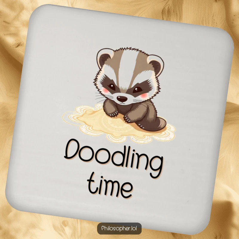 Funny badger drink coaster featuring a charming badger sketching intricate sand patterns, adding artistic flair.