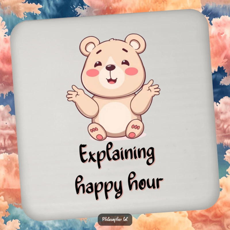 Funny bear coasters featuring a smiling bear explaining a concept with gestures, adding a humorous touch to drink services.