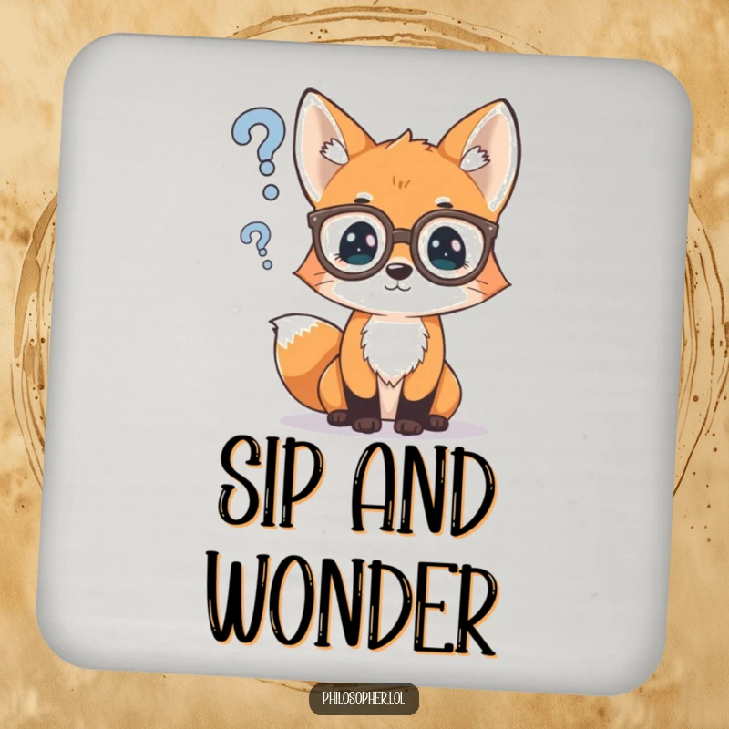 Funny drink coasters with a curious fox cub wearing spectacles, pondering a question mark, adding intellectual humor and surface protection.