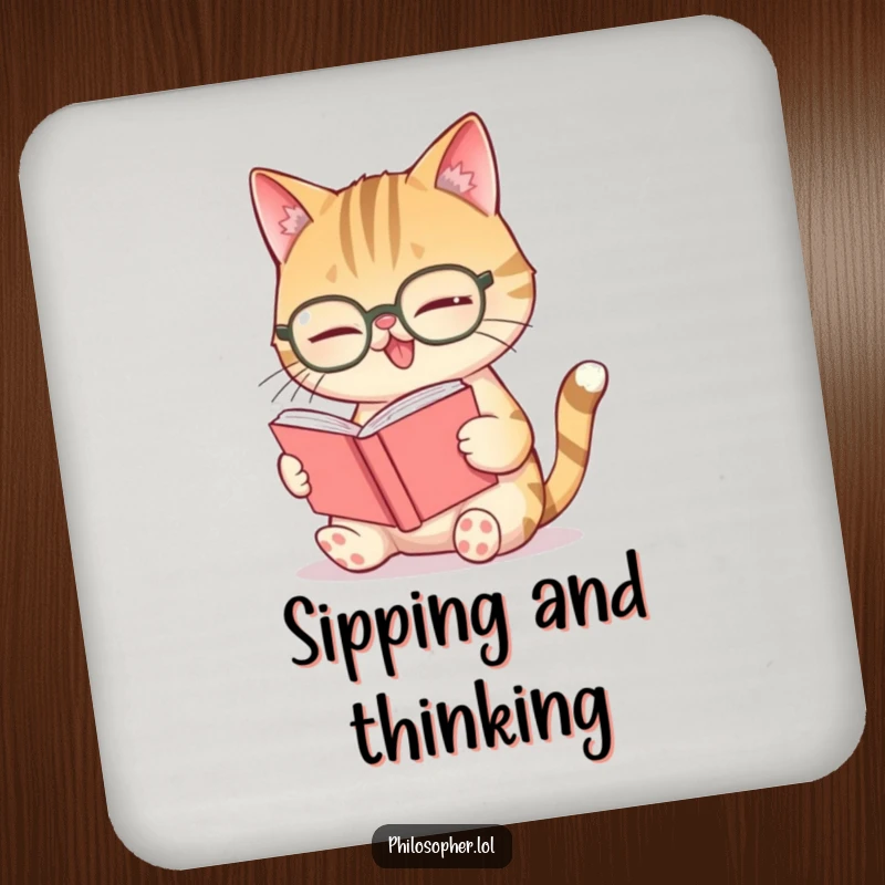 Funny giggling cat spectacles coaster, a cat wearing glasses giggling while reading a very small book.