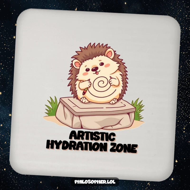 Funny hedgehog coaster, wobbling hedgehog drawing a spiral on a stone tablet, drink protection, cute animal decor.