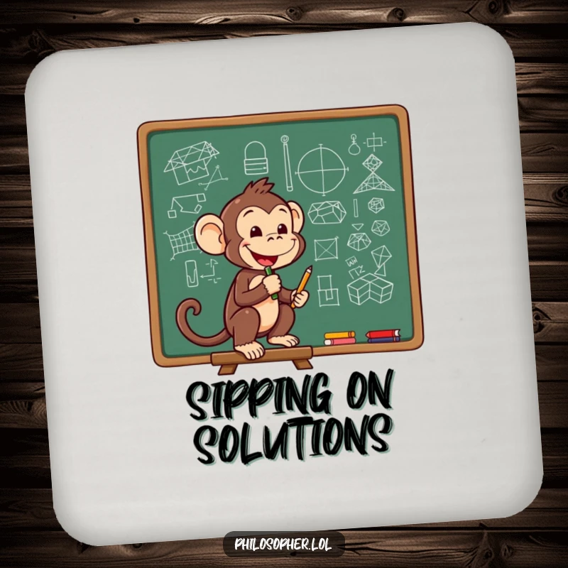 Funny coaster featuring a cheerful monkey sketching complex diagrams on a chalkboard, a smart addition to any table.