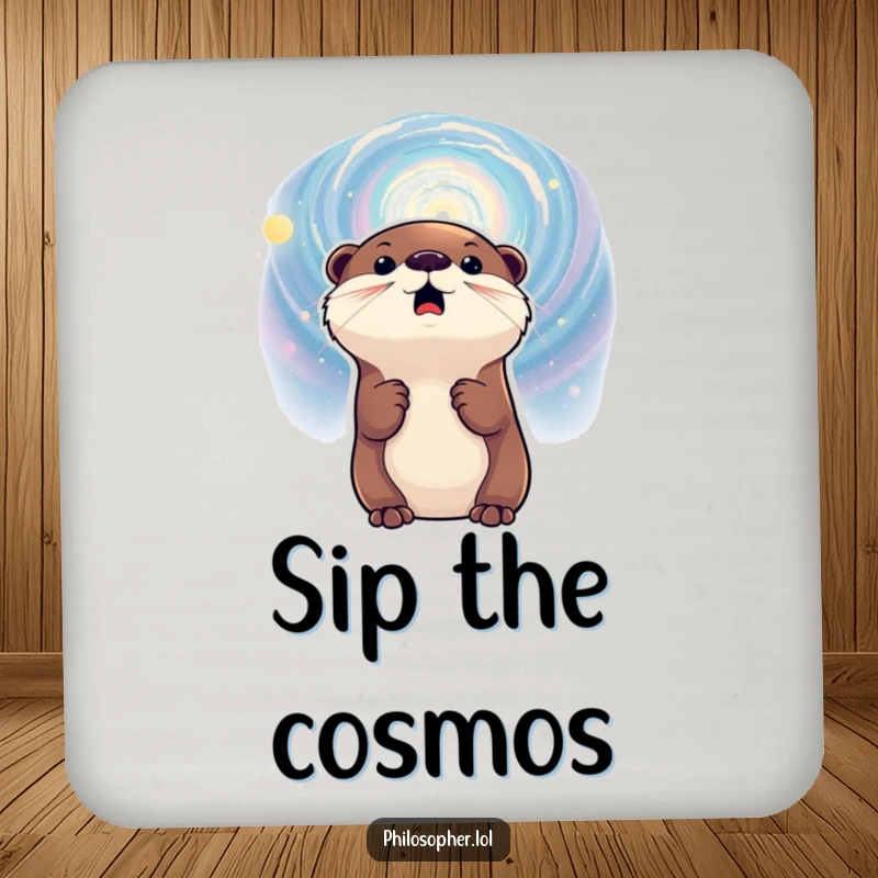 Funny drink coaster with an excited otter gazing at a galaxy, protecting surfaces with a dose of cosmic-themed amusement.