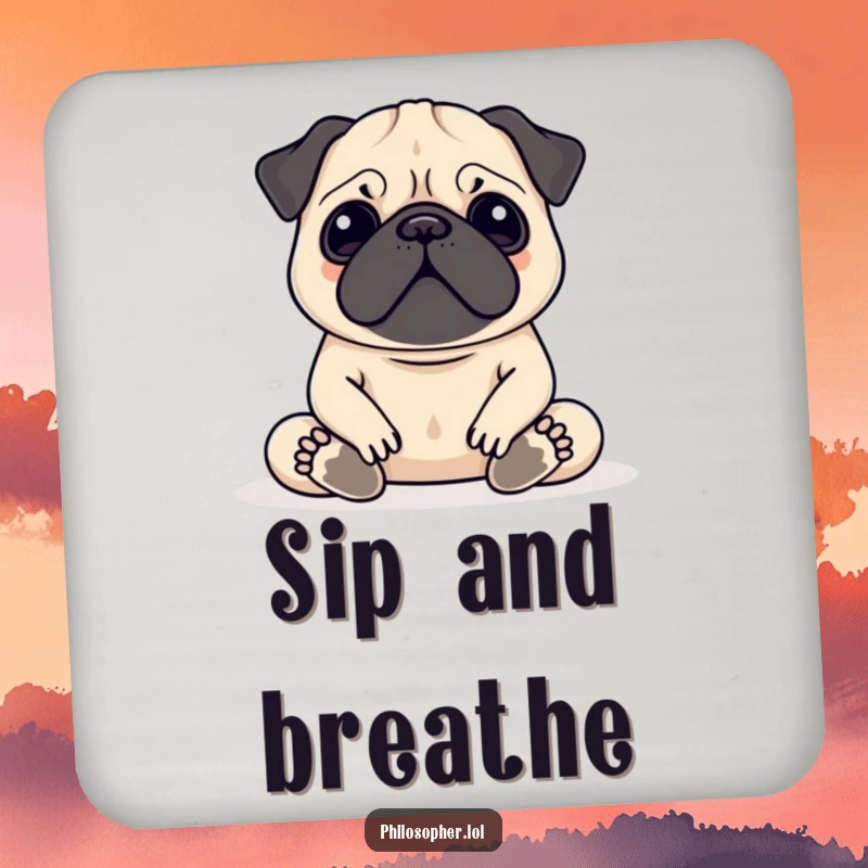 Funny Pug Meditation Coaster Set depicting a serene pug meditating, protecting furniture with peaceful humor, a delightful addition.