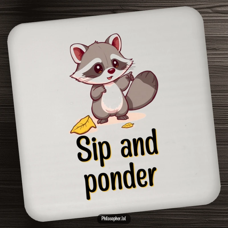 Funny drink coaster with a mischievous raccoon pointing at a fallen leaf, seeking its meaning. Protects surfaces. Gift.