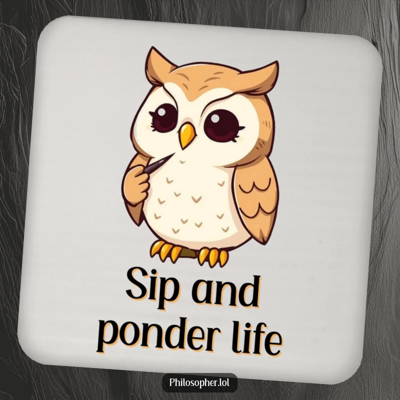 Funny Owl Coasters: An owl strokes its chin thoughtfully. These humorous coasters offer smart protection, a funny gift.