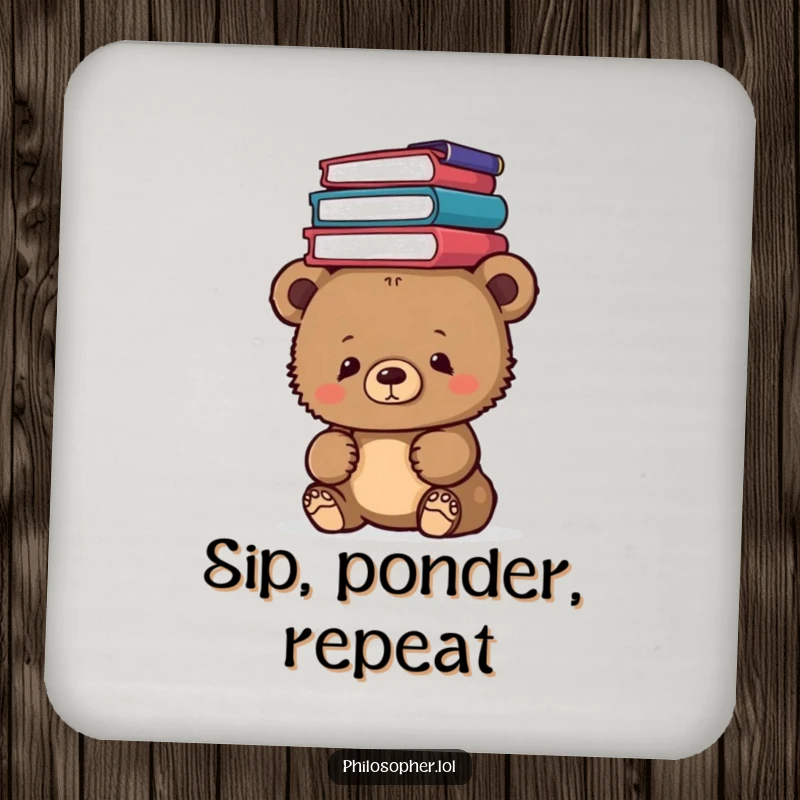 Funny bear cub balancing philosophy books on its head, designed on drink coasters, adding wit to tabletops.