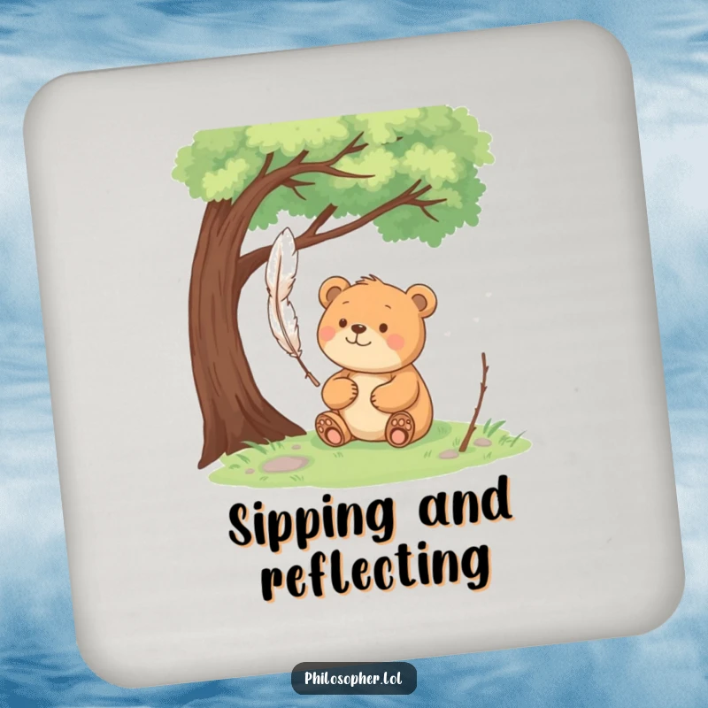 Funny happy bear sits under a tree, pondering a floating feather on a drink coaster, bringing peaceful contemplation.