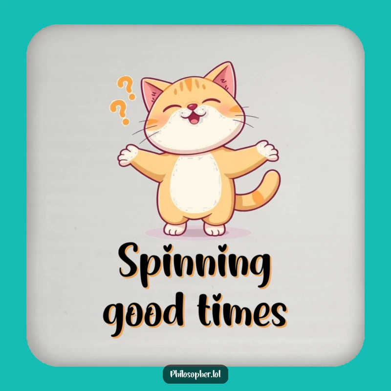 Funny Cat Coaster: Giggling Kitty Questioning Reality, Tabletop Absurdity
