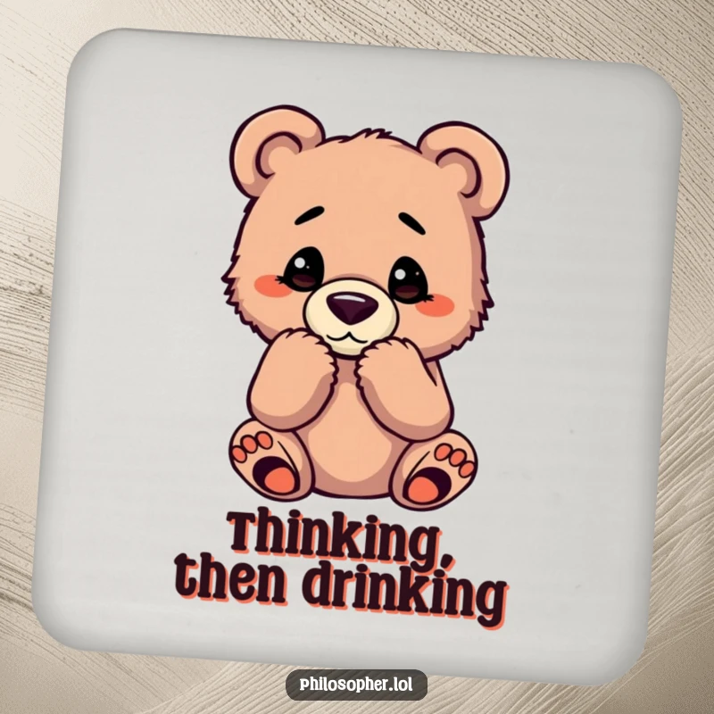 Funny bear cub drink coaster featuring a cub in a classic thinking pose, protecting surfaces with humor.